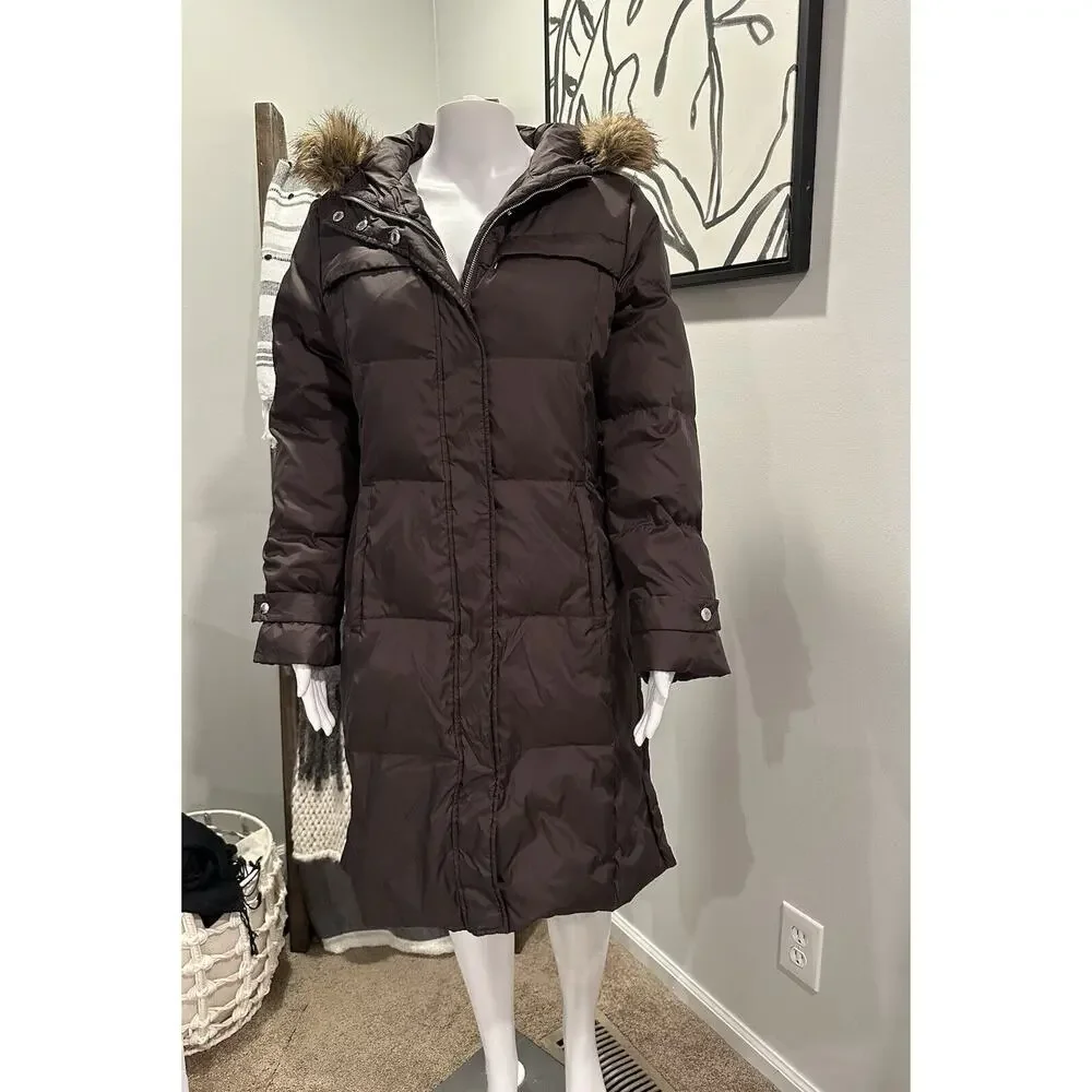 Michael Kors Women’s M Down Puffer Parka Winter Coat Hood With Fur Trim Brown - Picture 1 of 16